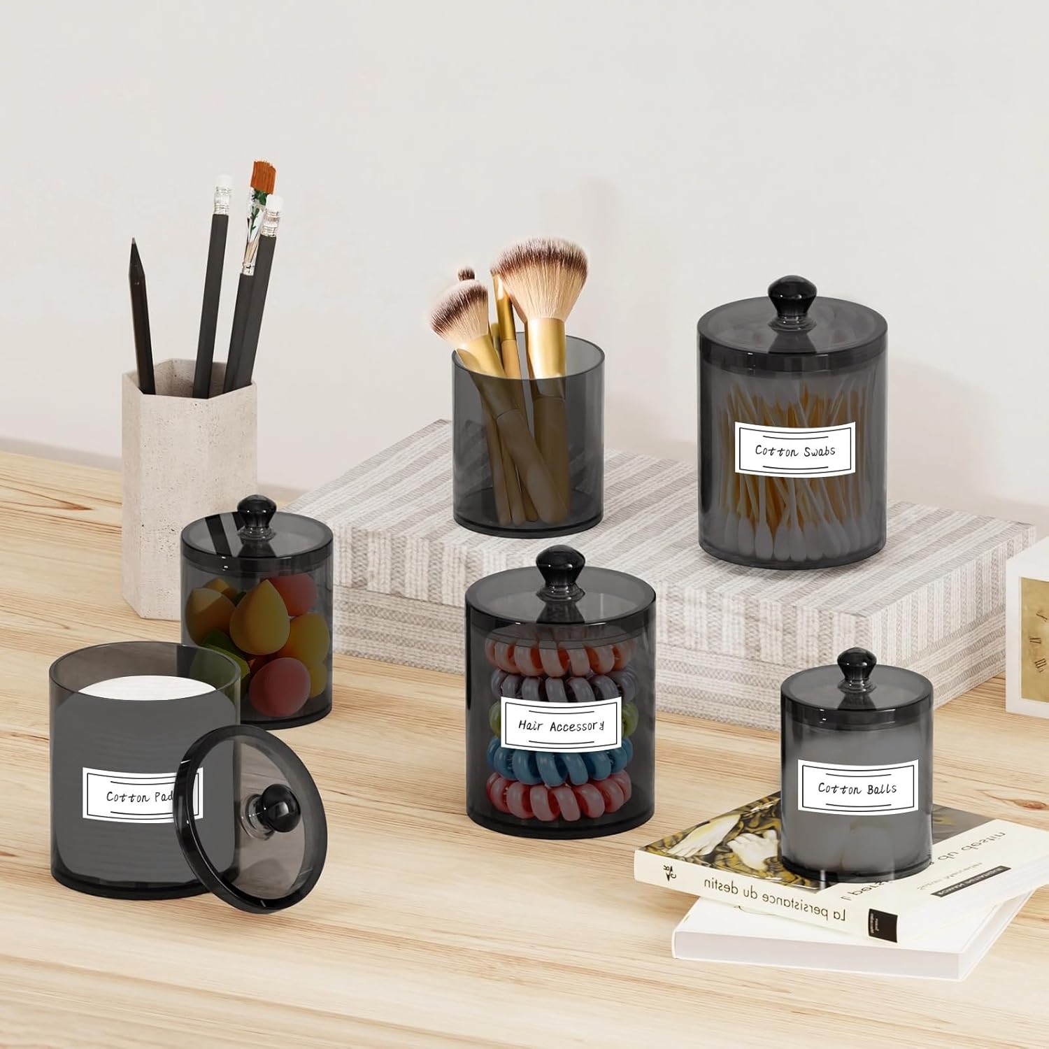 MateeyLife 6 Pack Q-tip Holder Black Acrylic Canister with Lid for Cotton Balls Swabs Pads Home Decor Storage Set