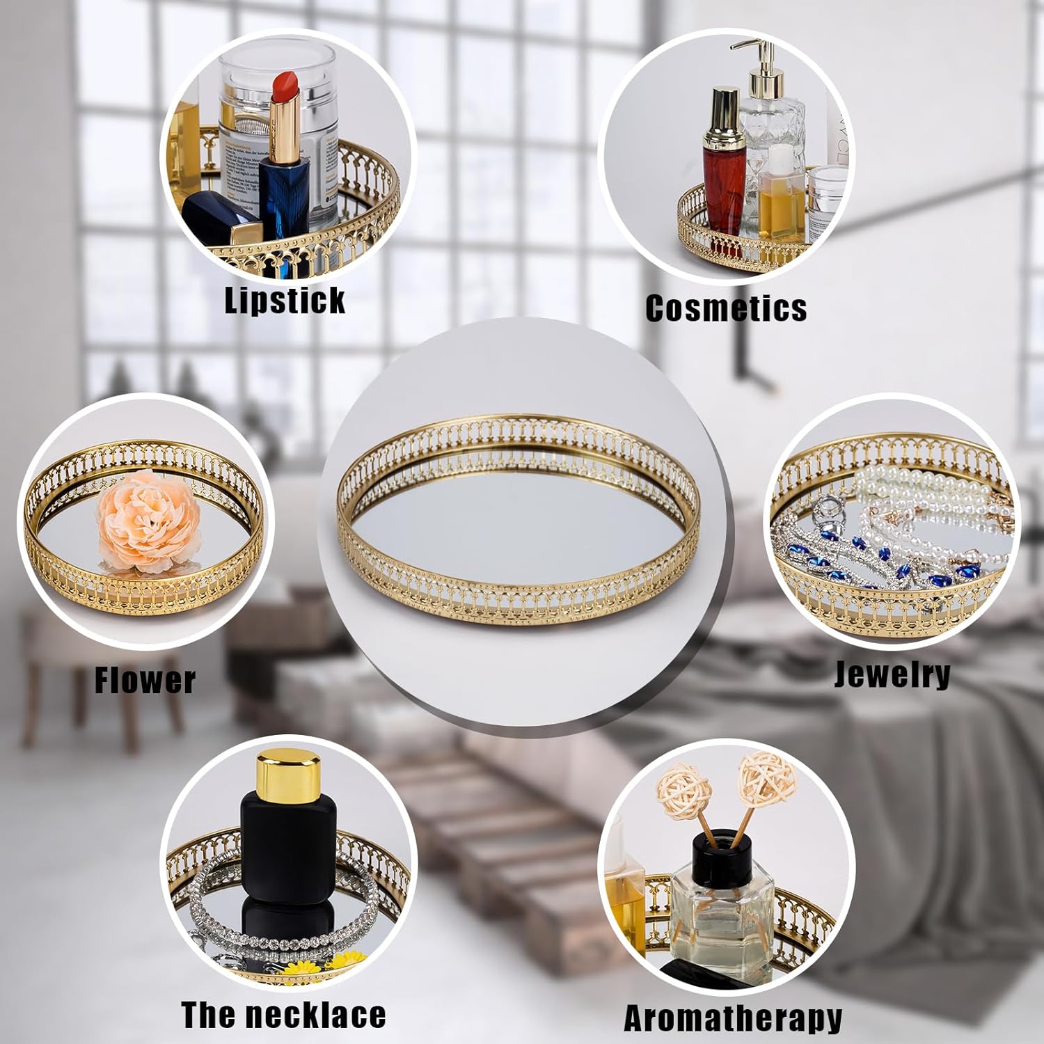 Gold Mirrored Vanity Tray for Bathroom Counter and Home Decor