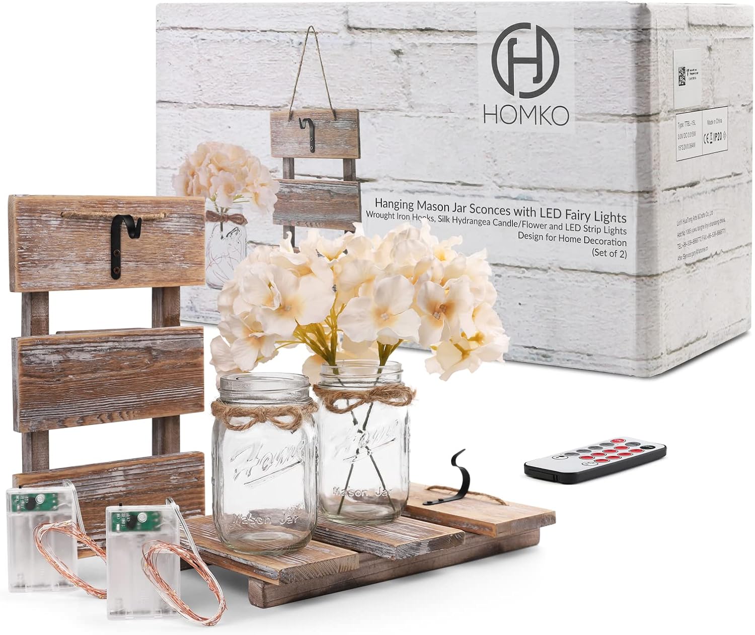 HOMKO Mason Jar Wall Decor with LED Fairy Lights - Set of 2