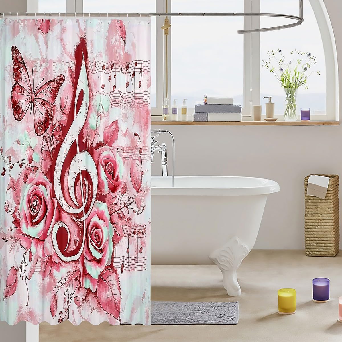 jejeloiu Music Bath Curtain 84x72 Red Notes Design