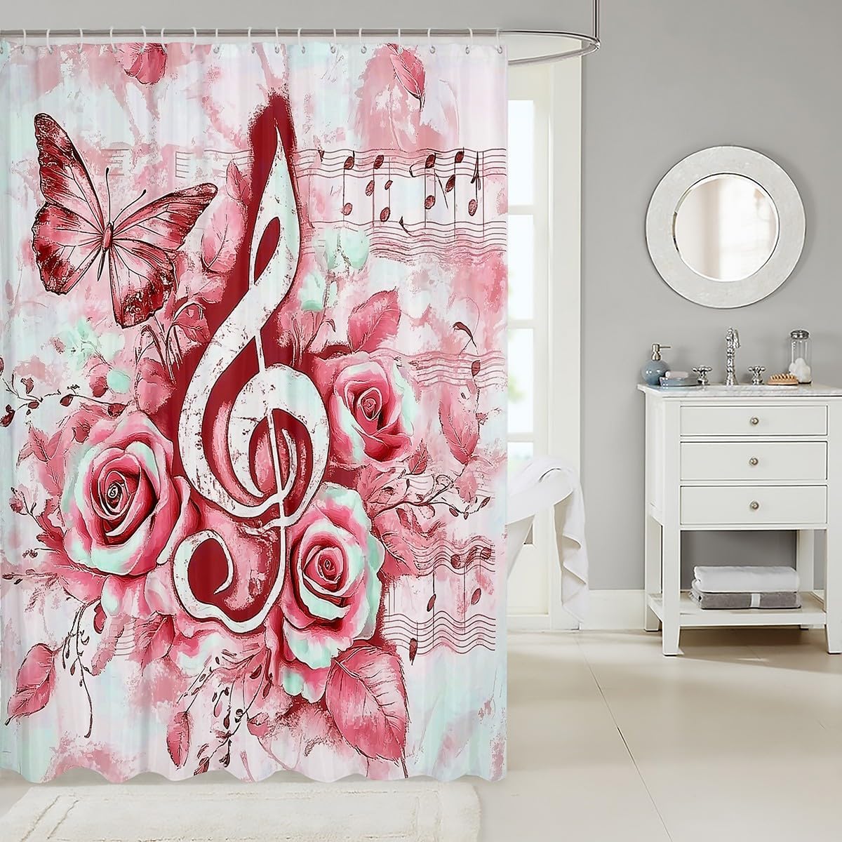 jejeloiu Music Bath Curtain 84x72 Red Notes Design