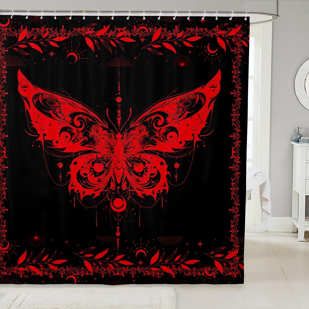 Feelyou Boho Red Butterfly Shower Curtain with 12 Hooks
