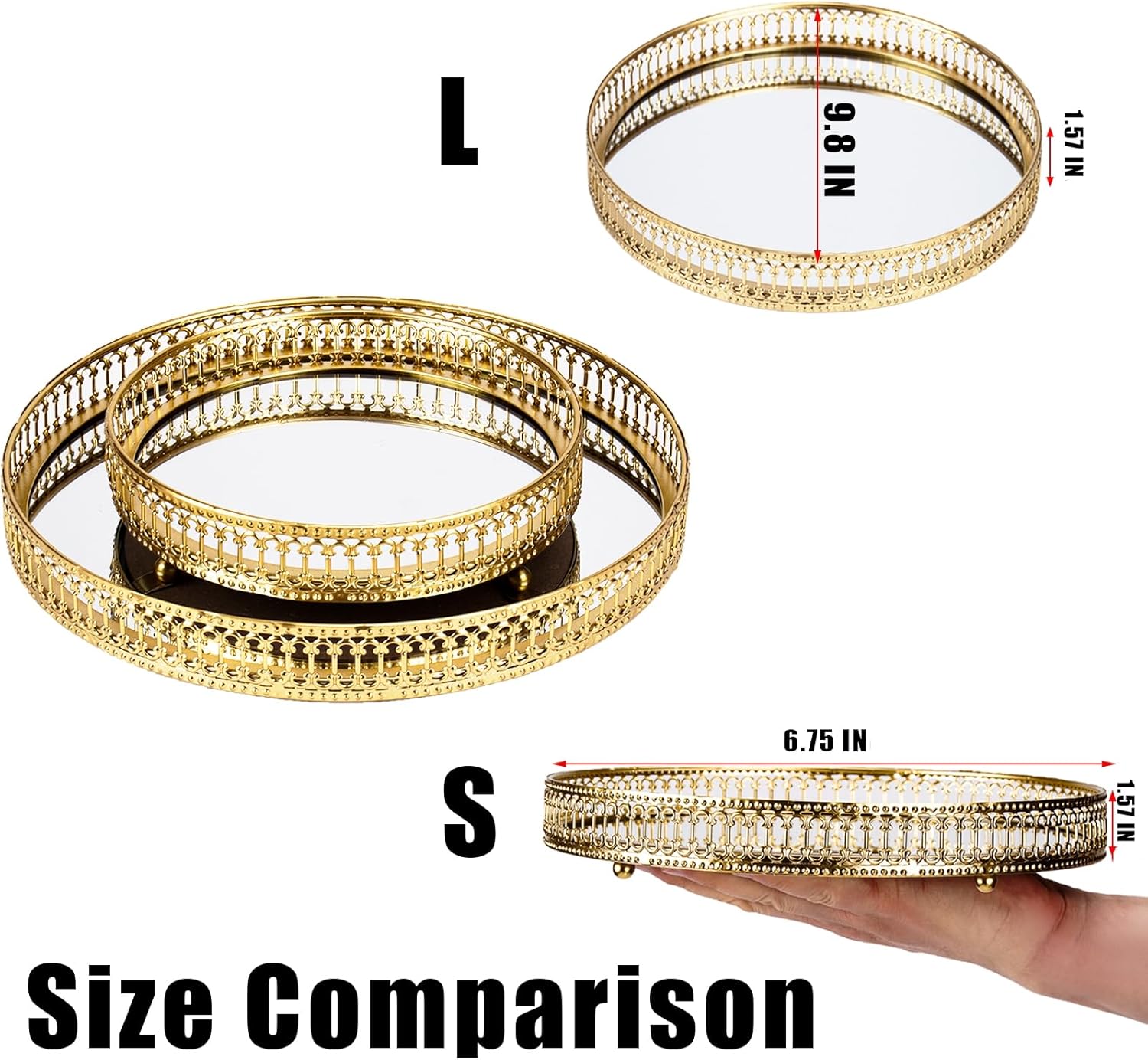 Gold Mirrored Vanity Tray for Bathroom Counter and Home Decor