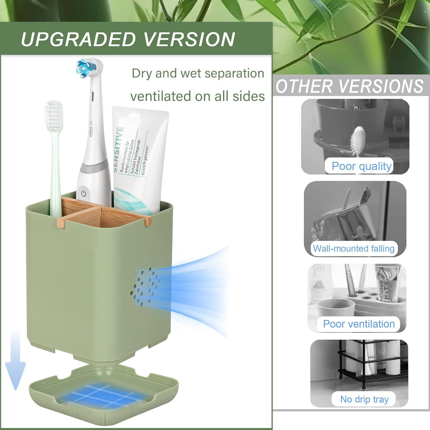 Durable Toothbrush Holder with 3 Slots Green
