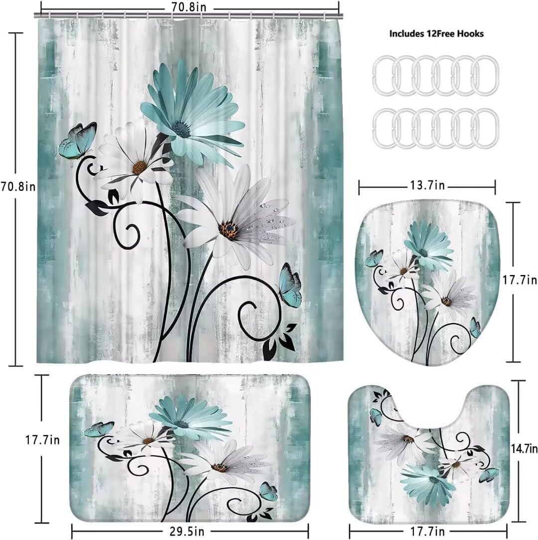 4PCS Rustic Teal Daisy Farmhouse Shower Curtain Set