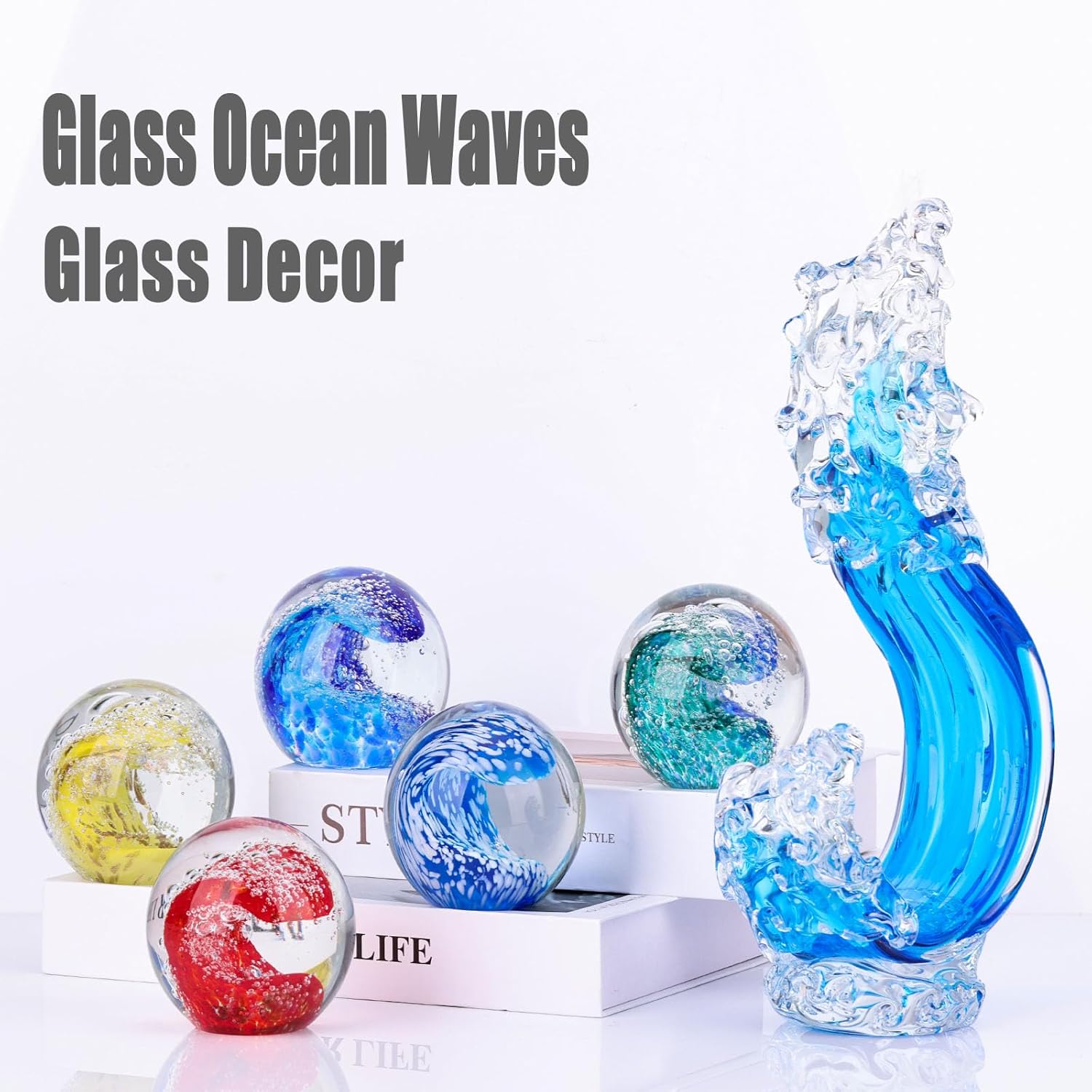 XMGZQ Hand Blown Glass Ocean Waves Figurine