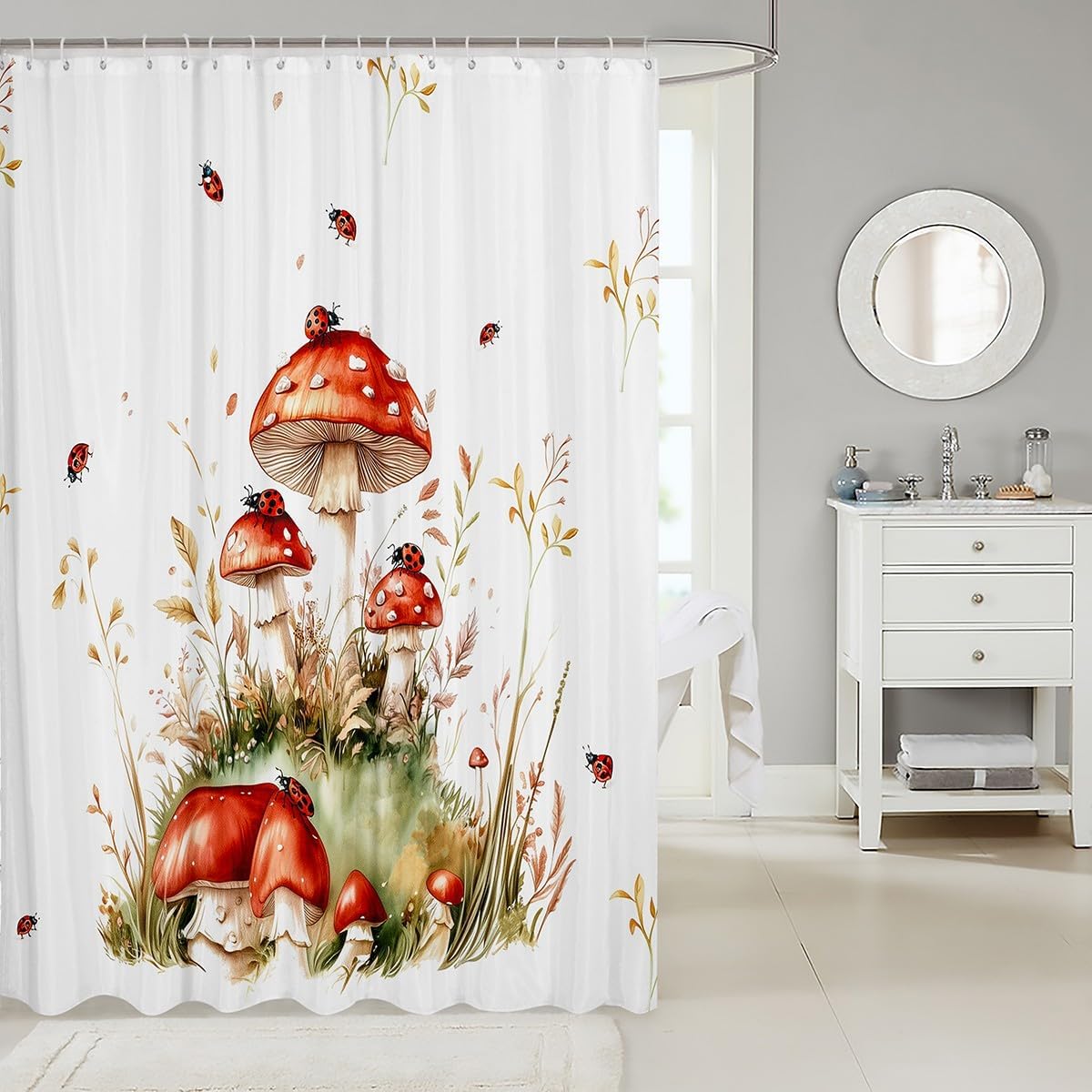 Feelyou Mushroom Bath Curtain with Ladybug Design