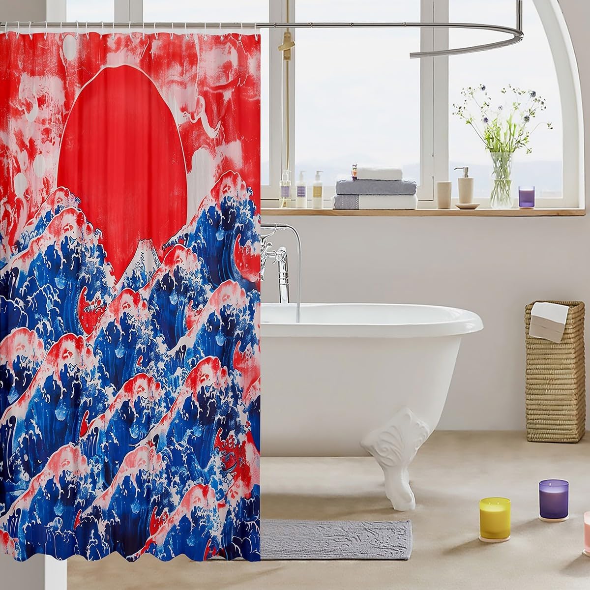 Feelyou Japanese Wave Bath Curtain Set 72x72 Waterproof
