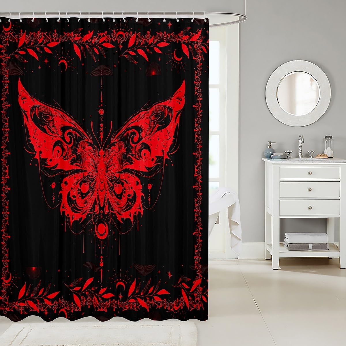 Feelyou Boho Red Butterfly Shower Curtain with 12 Hooks