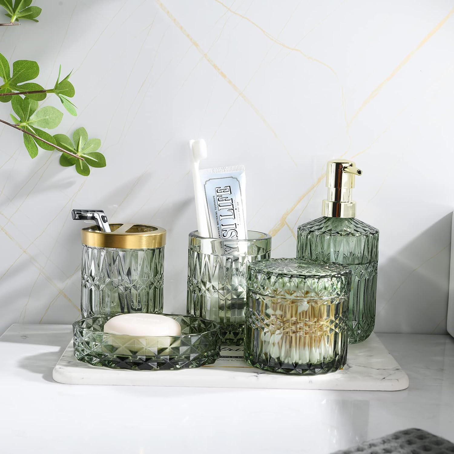 LaMarriti Green Bathroom Accessories Set 5Pcs Clear Glass