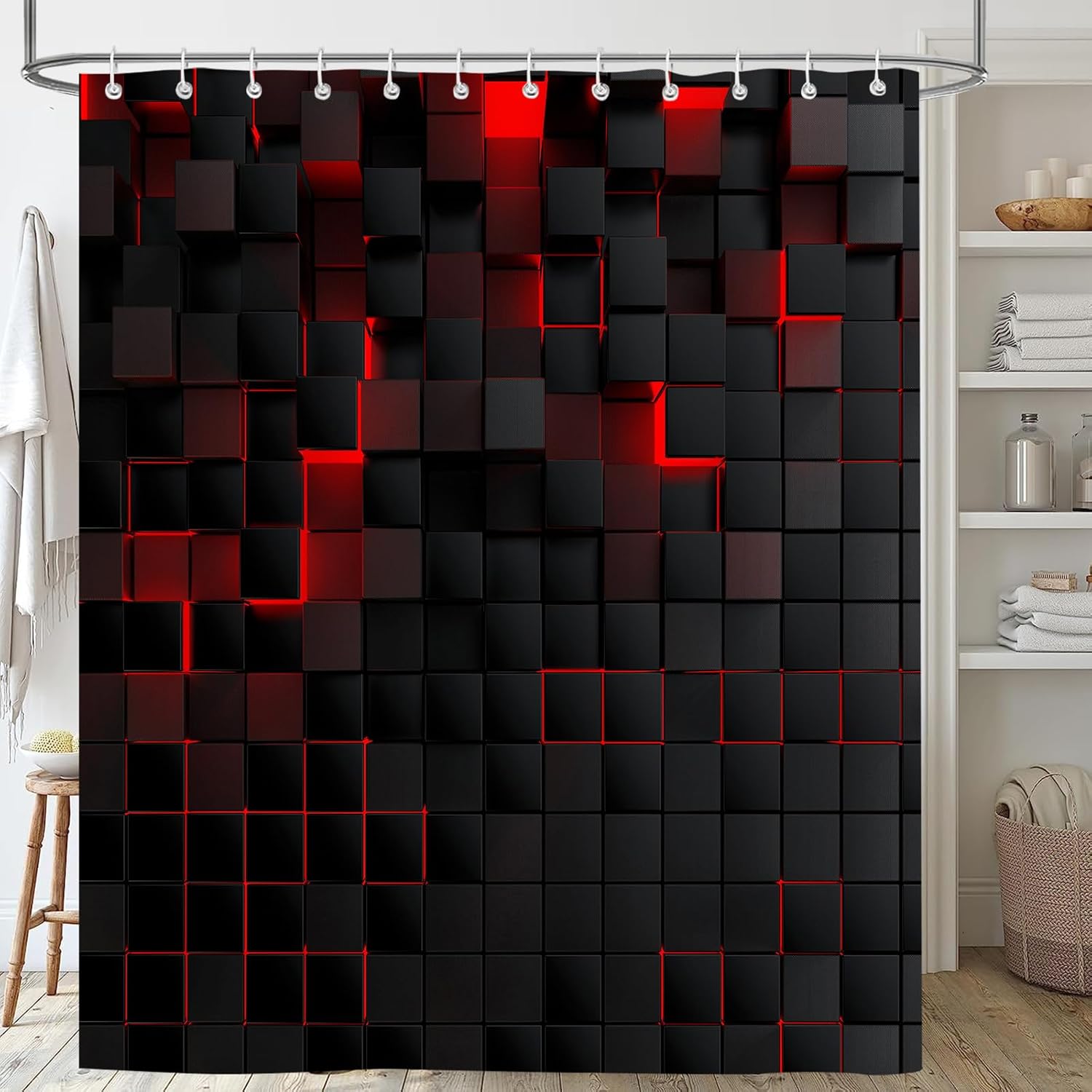 iTapnoom 72x72 Shower Curtain with 12 Hooks 3D Black Brick Design