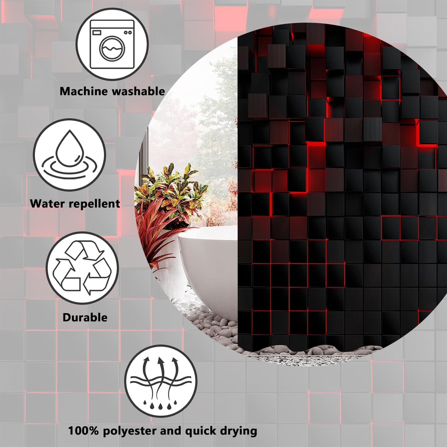iTapnoom 72x72 Shower Curtain with 12 Hooks 3D Black Brick Design