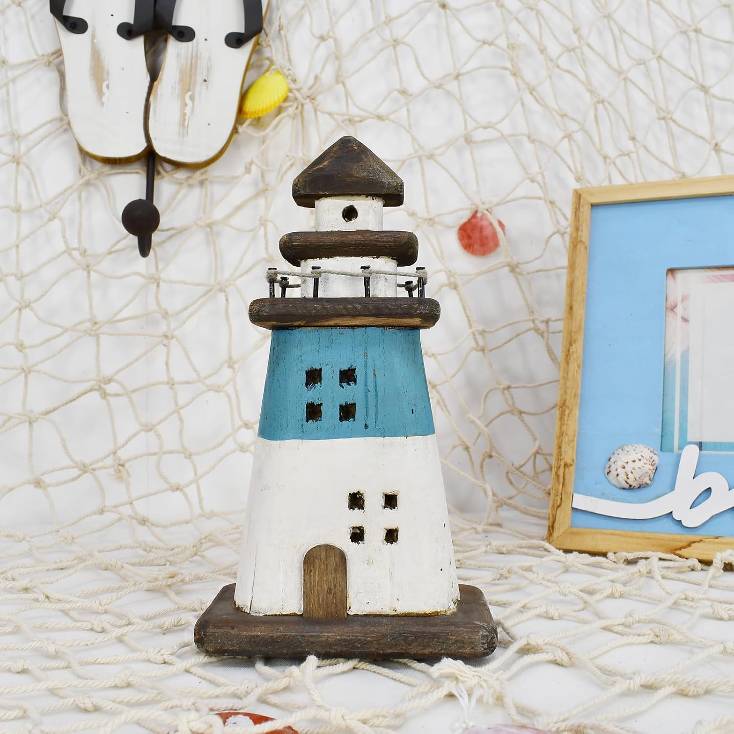 Wooden Lighthouse Decor Blue Nautical Centerpiece 1