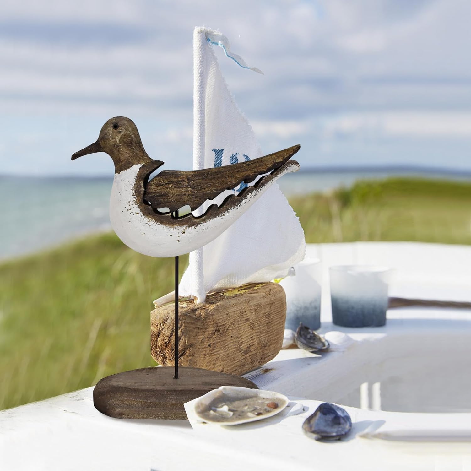Wood Seagull Figurine Nautical Decor Statue