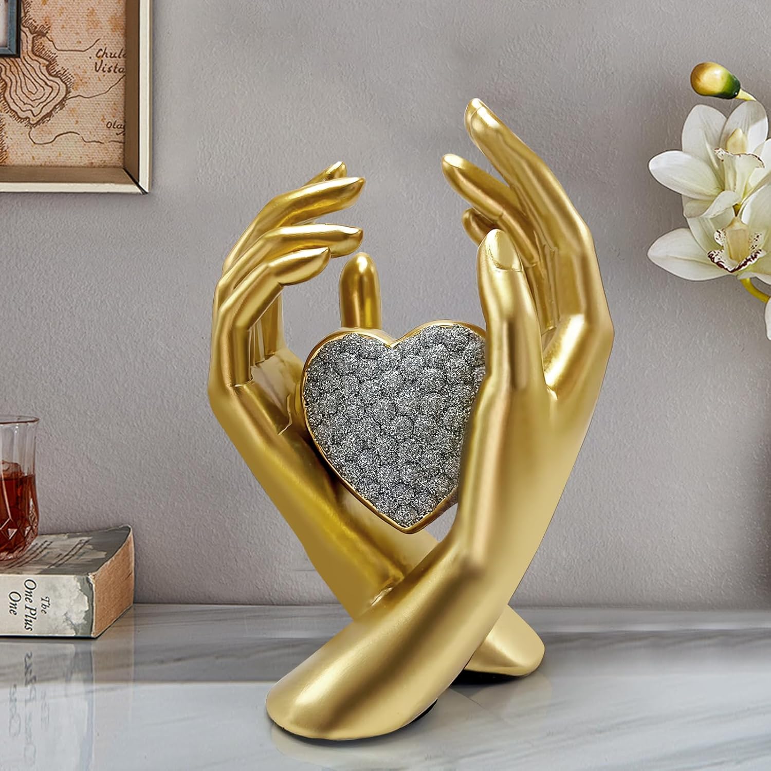 Gold Heart Hands Sculpture for Home Office Bedroom Decor