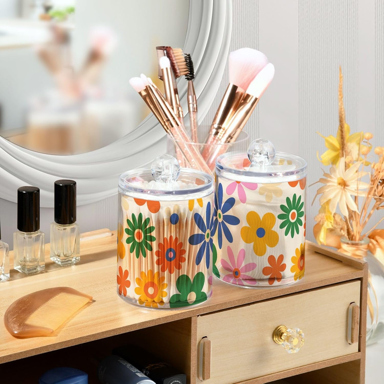 Fustylead 2 Pack Colorful Daisy Flower Dispensers for Cotton Swabs and More