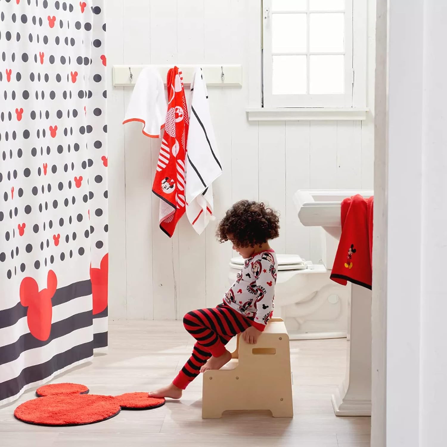 Cute Mouse Head Shower Curtain Set - 72x72in Red and Grey Deco Dot