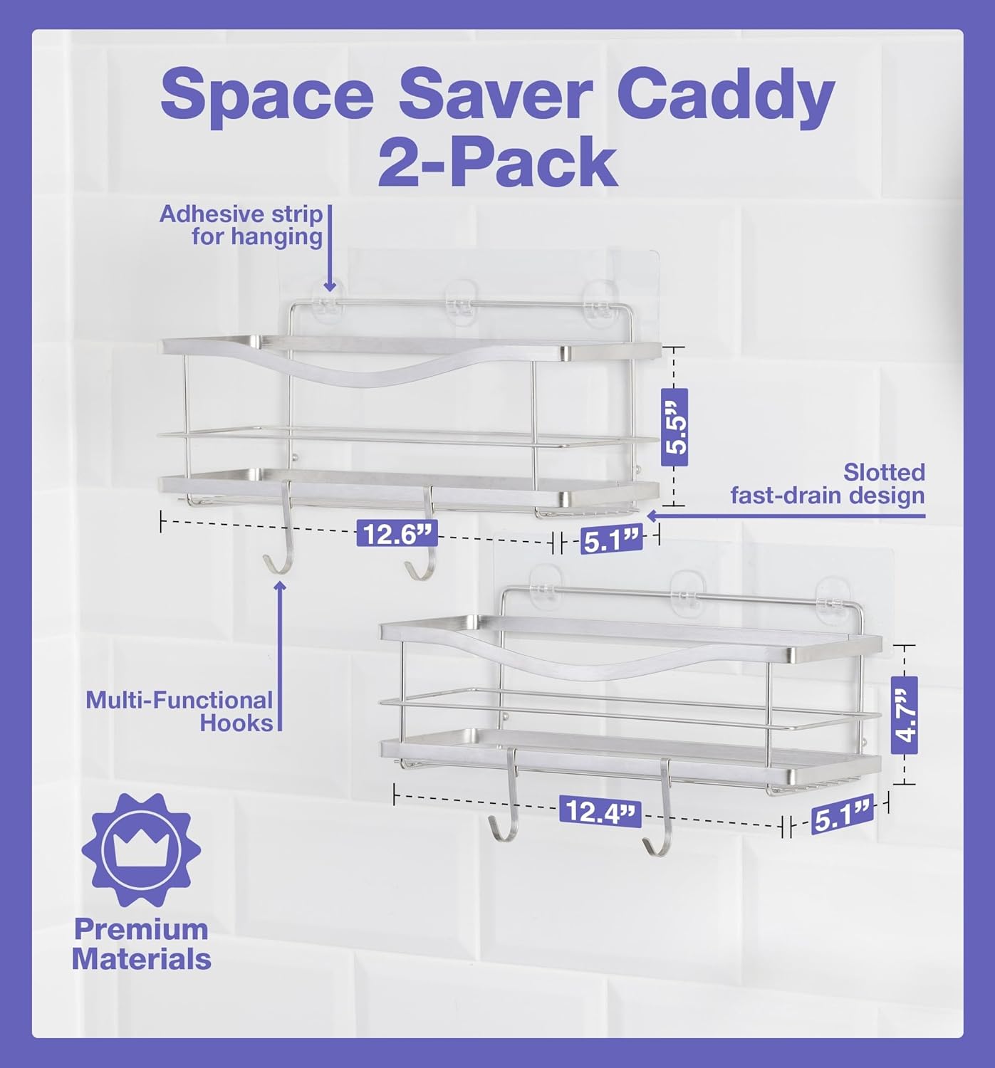 KINCMAX Premium Shower Caddy 2-Pack No Drill Wall Organizer Rustproof Stainless Steel
