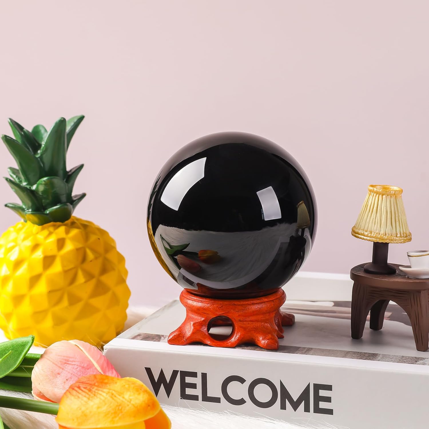 Modaier Black Obsidian Crystal Ball 80mm with Rose Wooden Stand and Gift Box