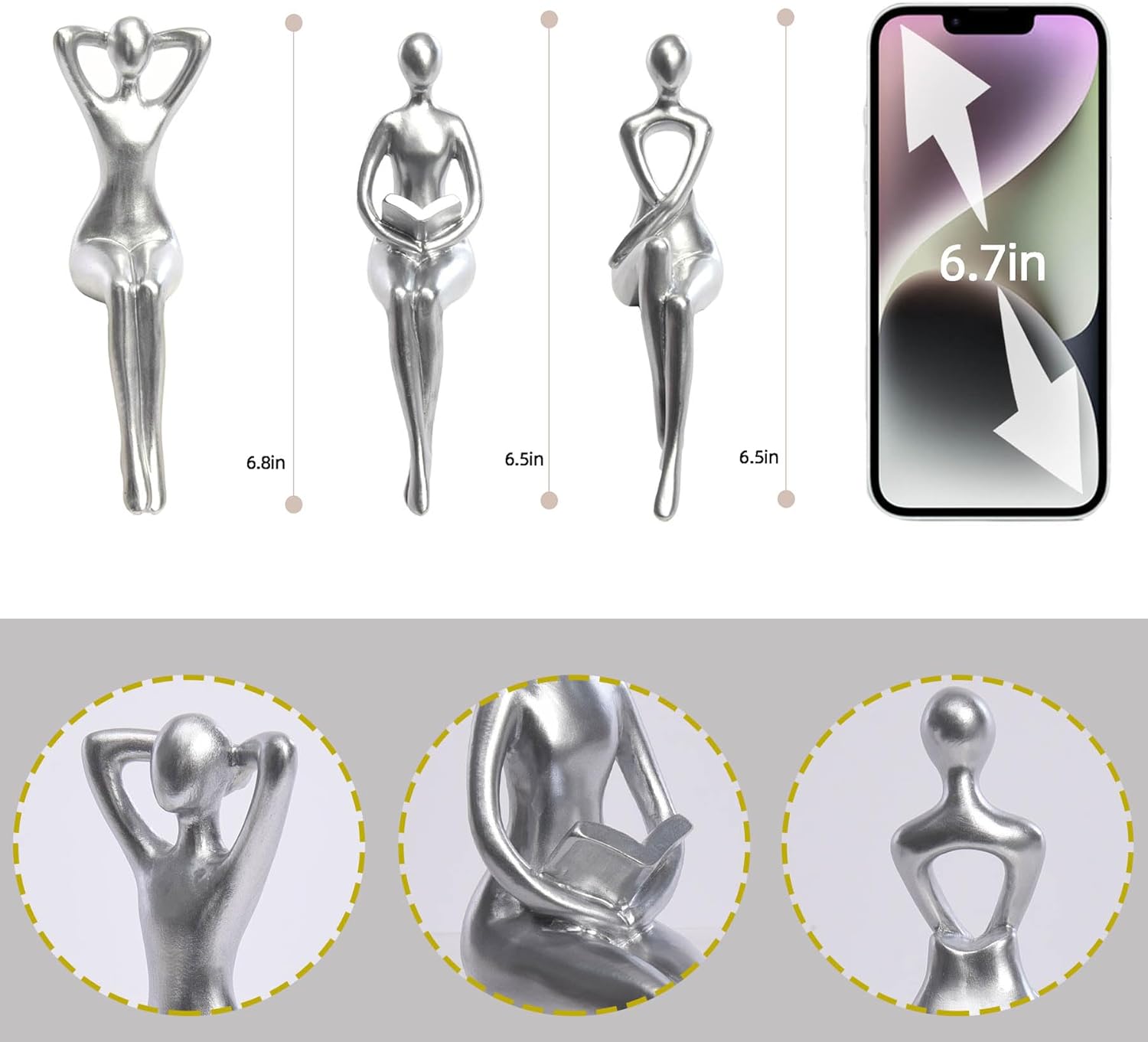 Quoowiit 3-Piece Thinker Statue Silver Sculpture Desk Decor