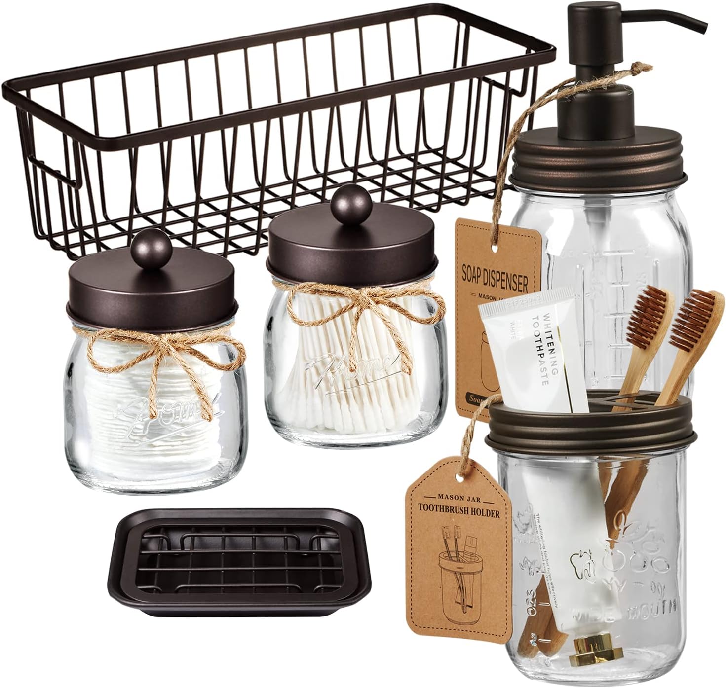 SheeChung 6Pcs Mason Jar Bathroom Set - Rustic Farmhouse Decor
