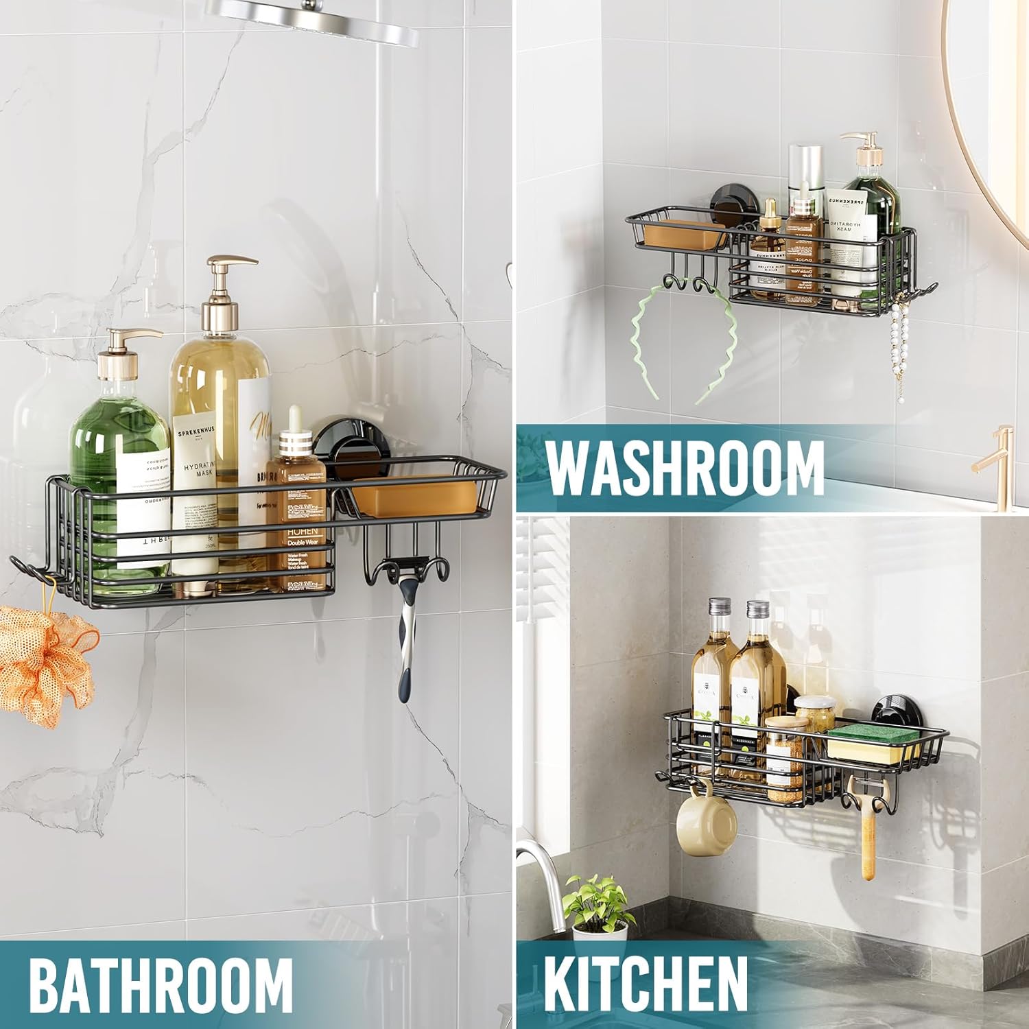 TAILI Heavy Duty Suction Shower Caddy with Hooks and Soap Holder