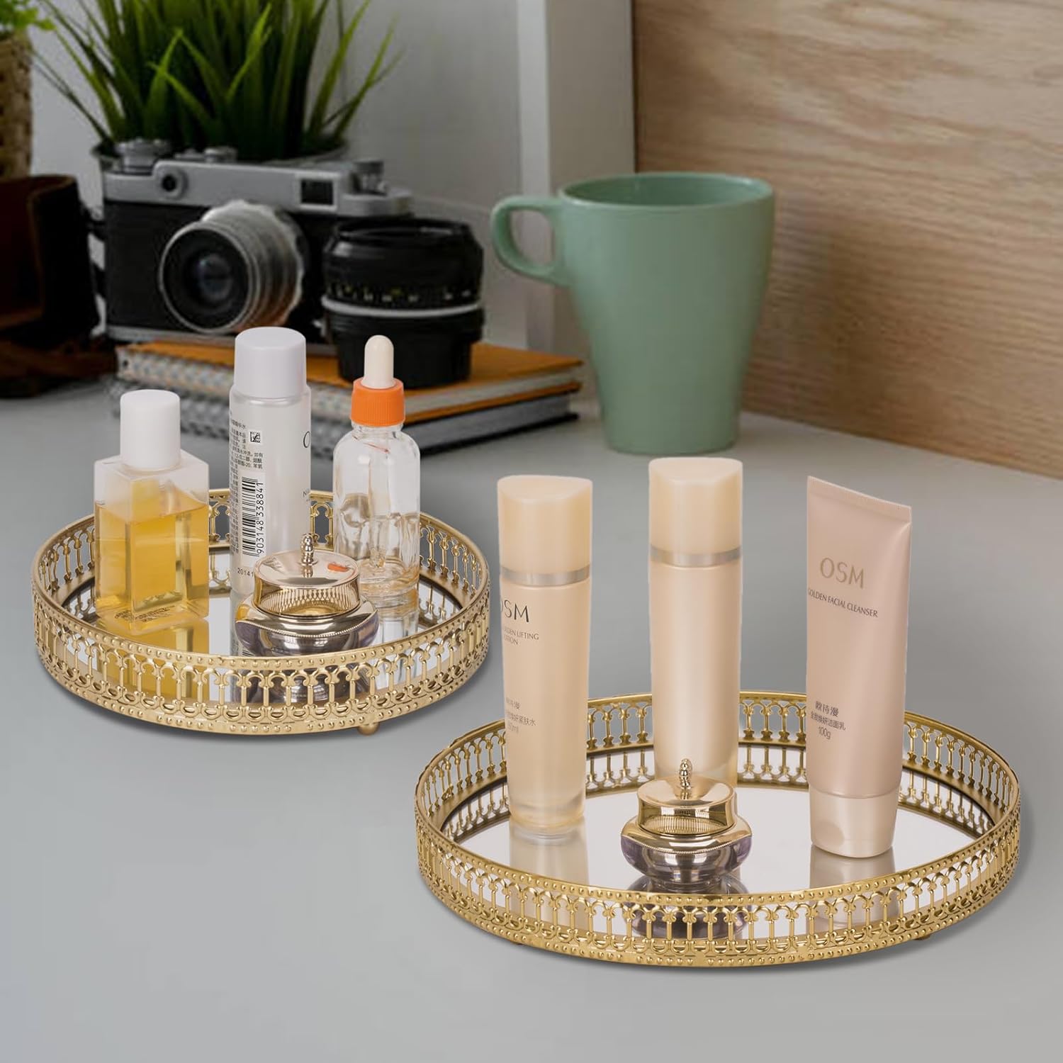 Gold Mirrored Vanity Tray for Bathroom Counter and Home Decor