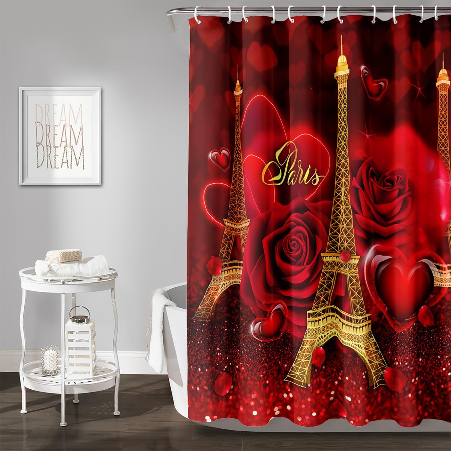 AILONEN 3D Oil Red Rose Shower Curtain Set with Hooks