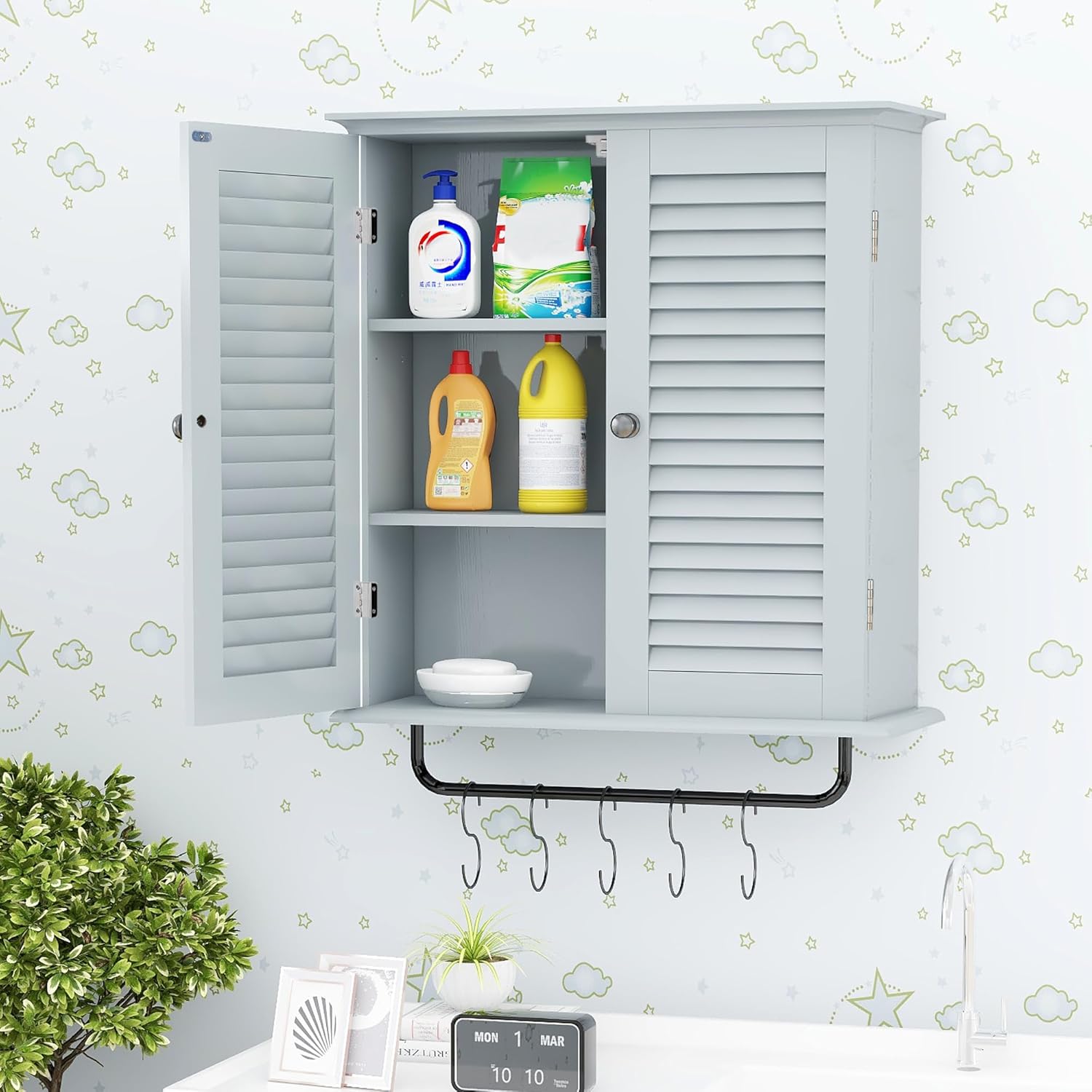 TaoHFE Wall Mounted Medicine Cabinet with Double Shutter Doors and Towel Rack