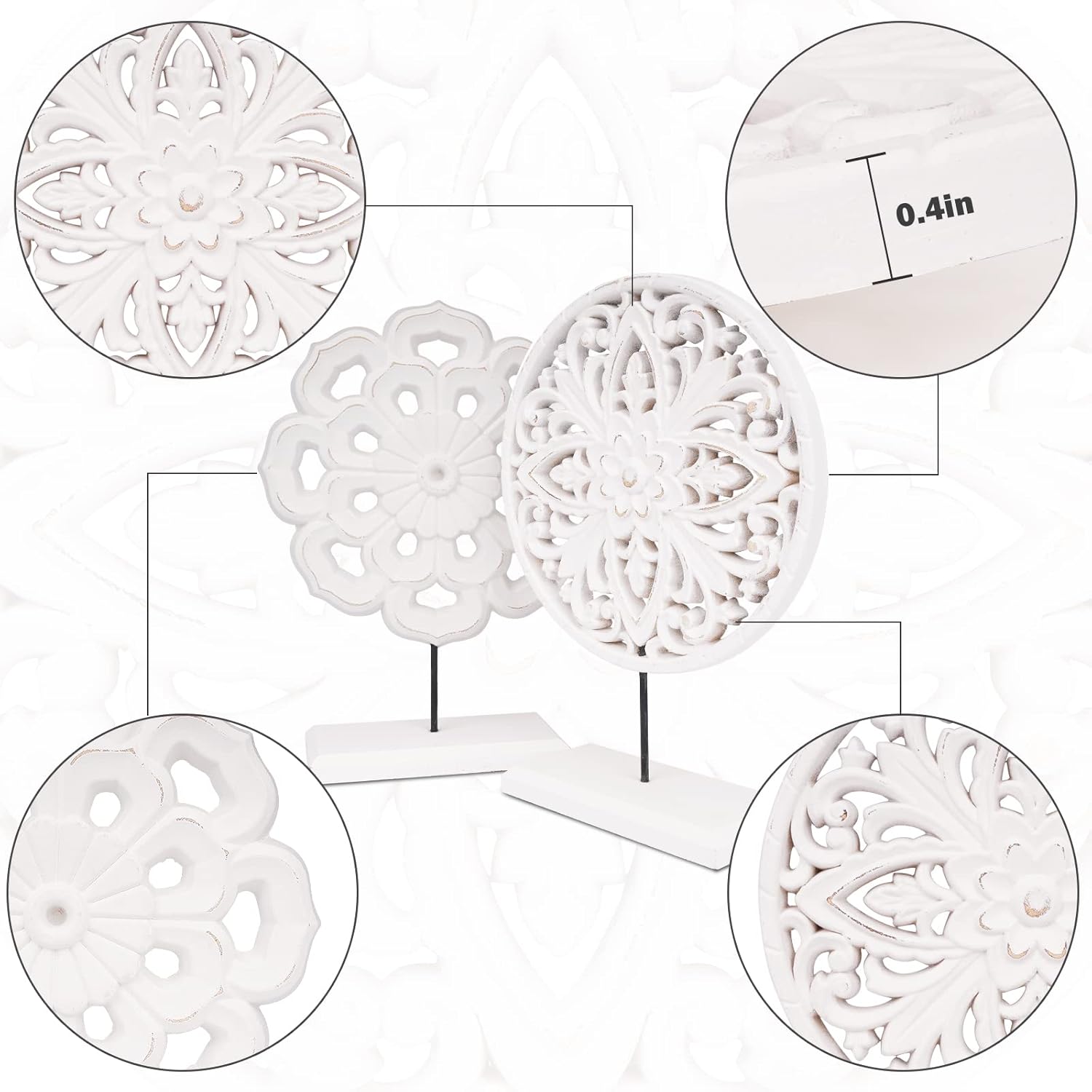 AXEARTE 2 Pack Wooden Carved Flower Medallion Sculptures 1