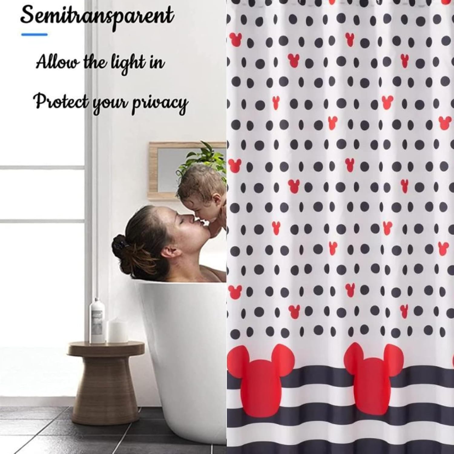 Cute Mouse Head Shower Curtain Set - 72x72in Red and Grey Deco Dot