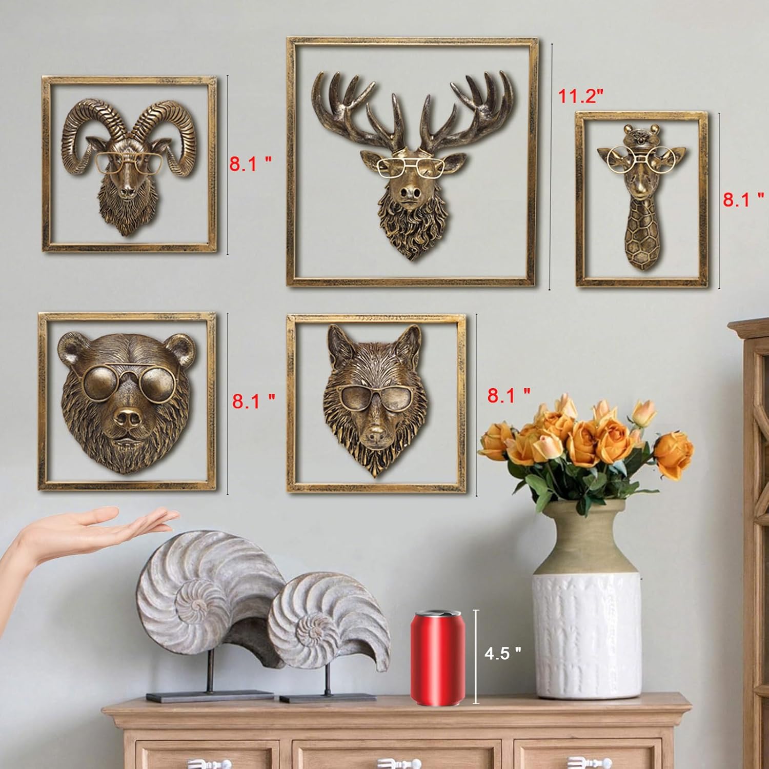 JJALIGHTS 5Pcs Resin Animal Heads Wall Decor with Frame