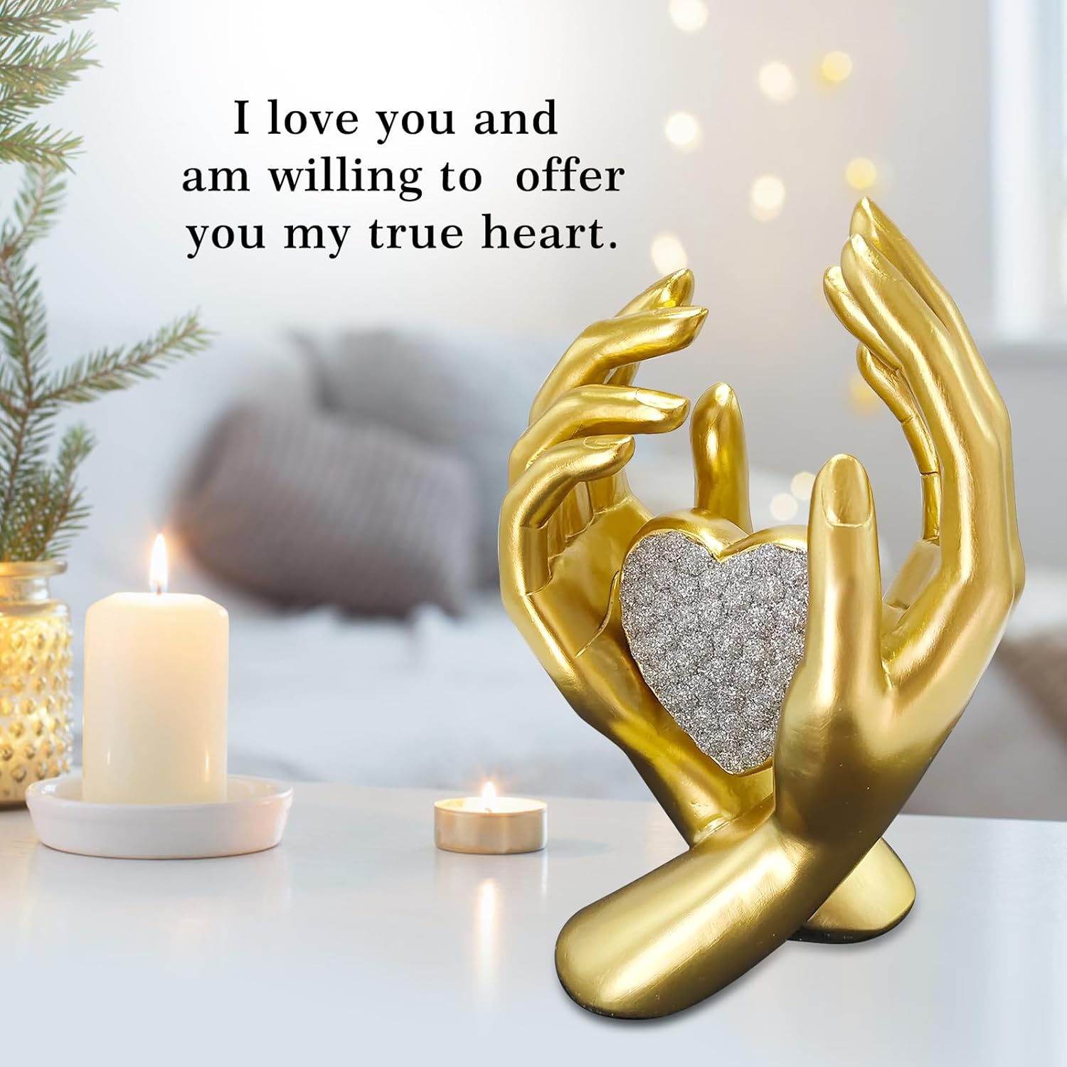 Gold Heart Hands Sculpture for Home Office Bedroom Decor