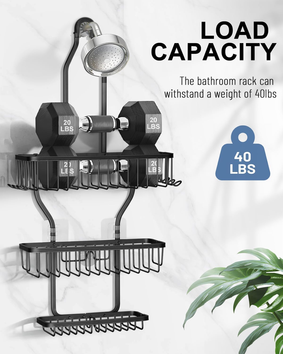 MSAICOE Shower Caddy with 6 Hooks and 3 Baskets - Aluminum Never Rust Black