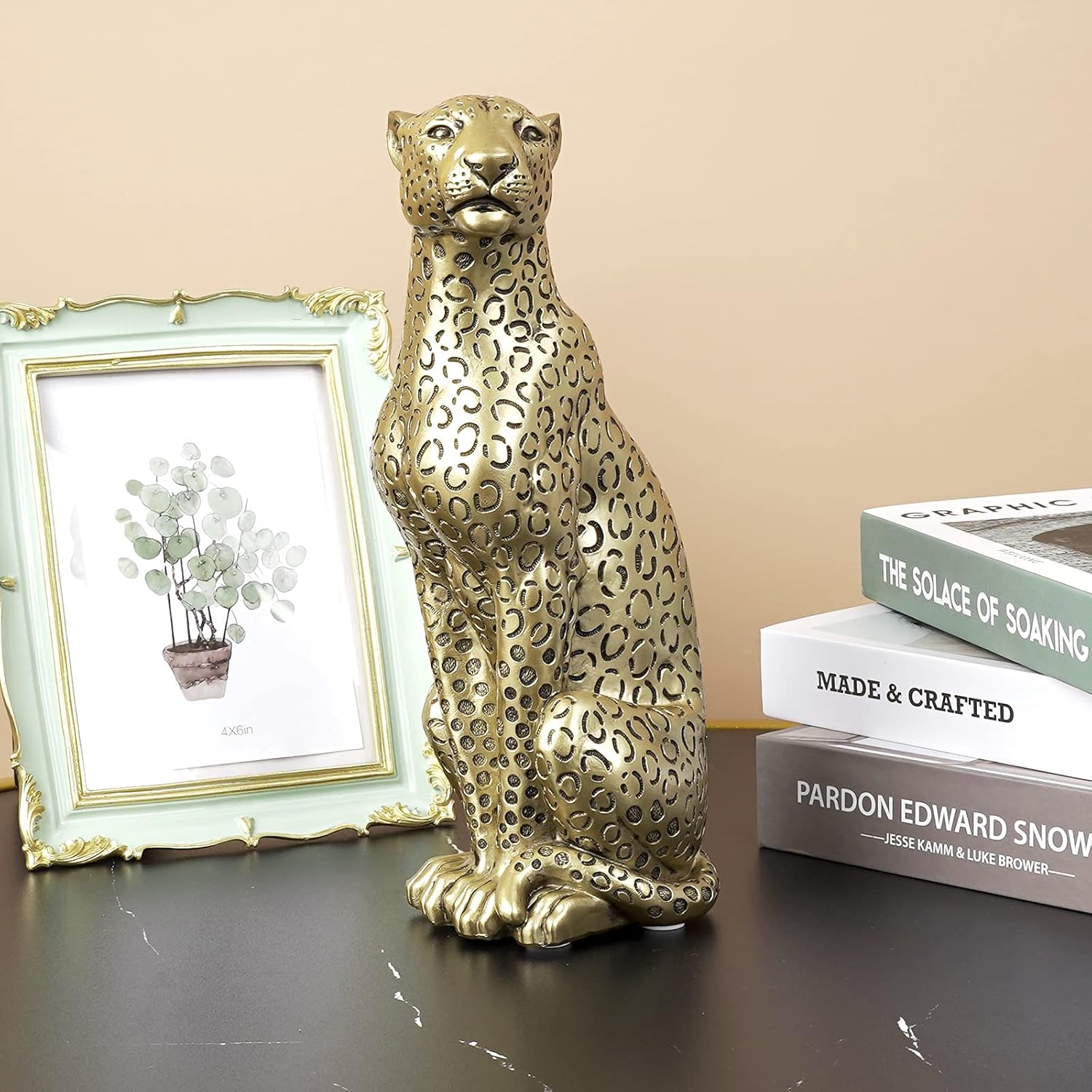 Cheetah Statue Home Decor Resin Sitting Figurine Champagne Gold