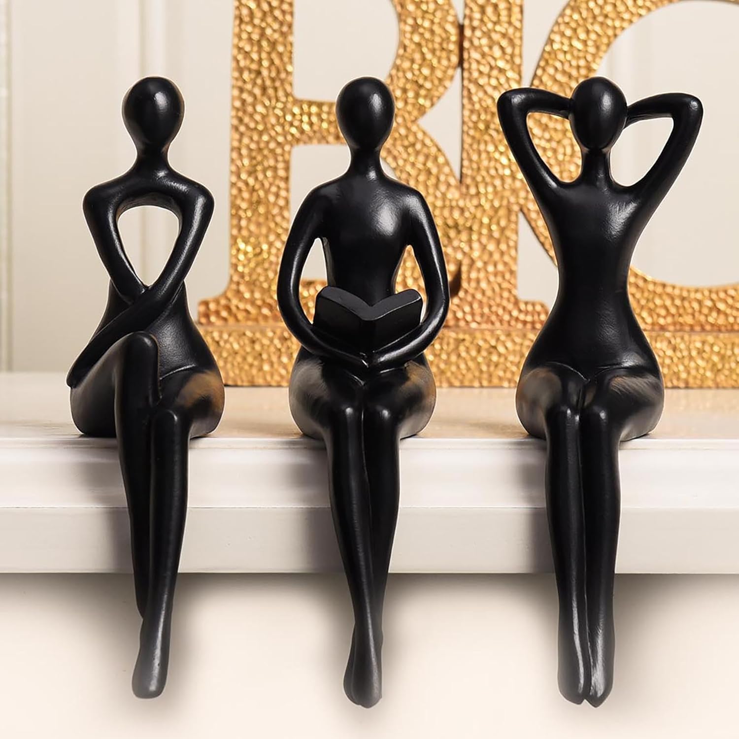 Quoowiit Black Thinker Statue Bookshelf Decor Set of 3