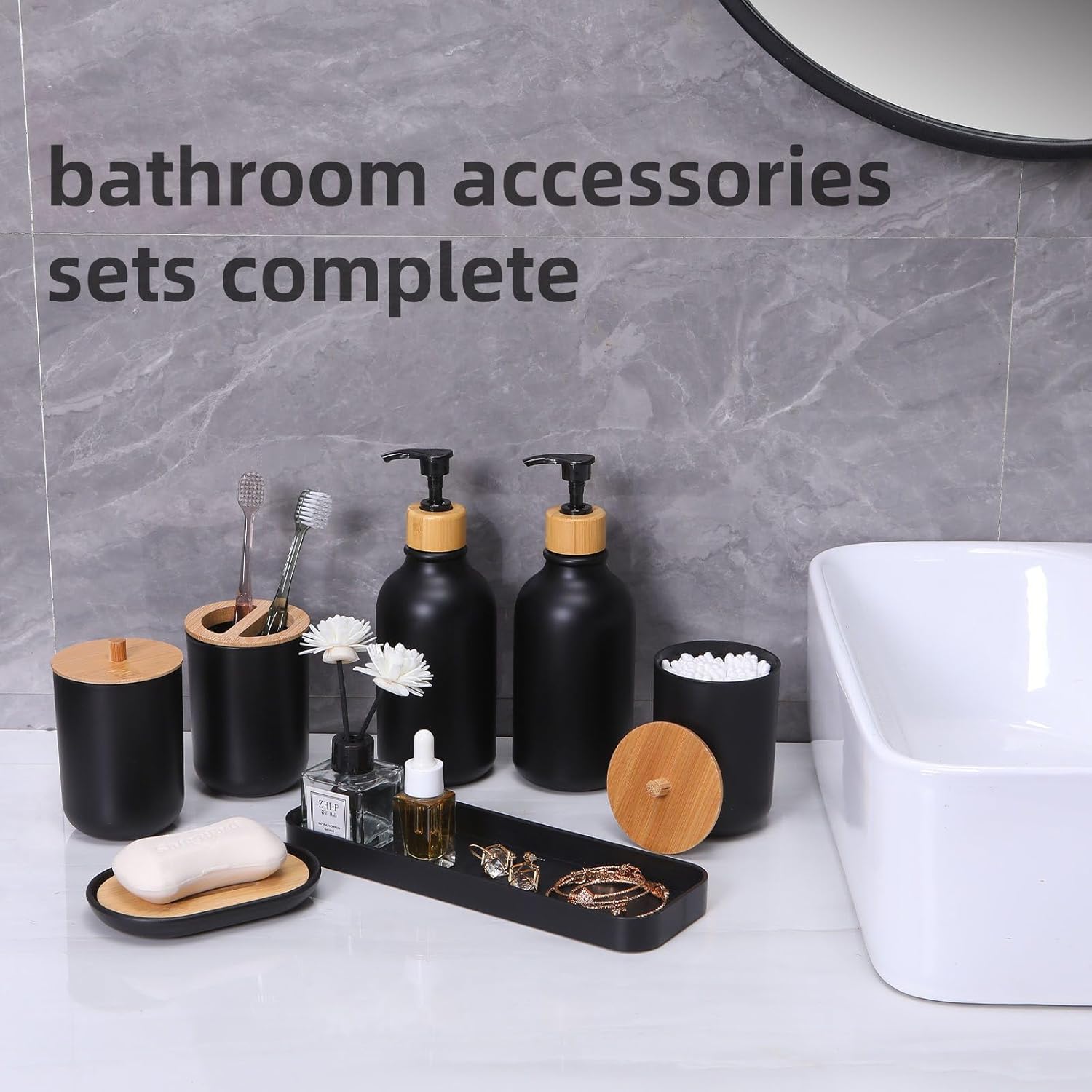 Matte Black 9PCS Bathroom Accessories Set with Trash Can and Toothbrush Holder