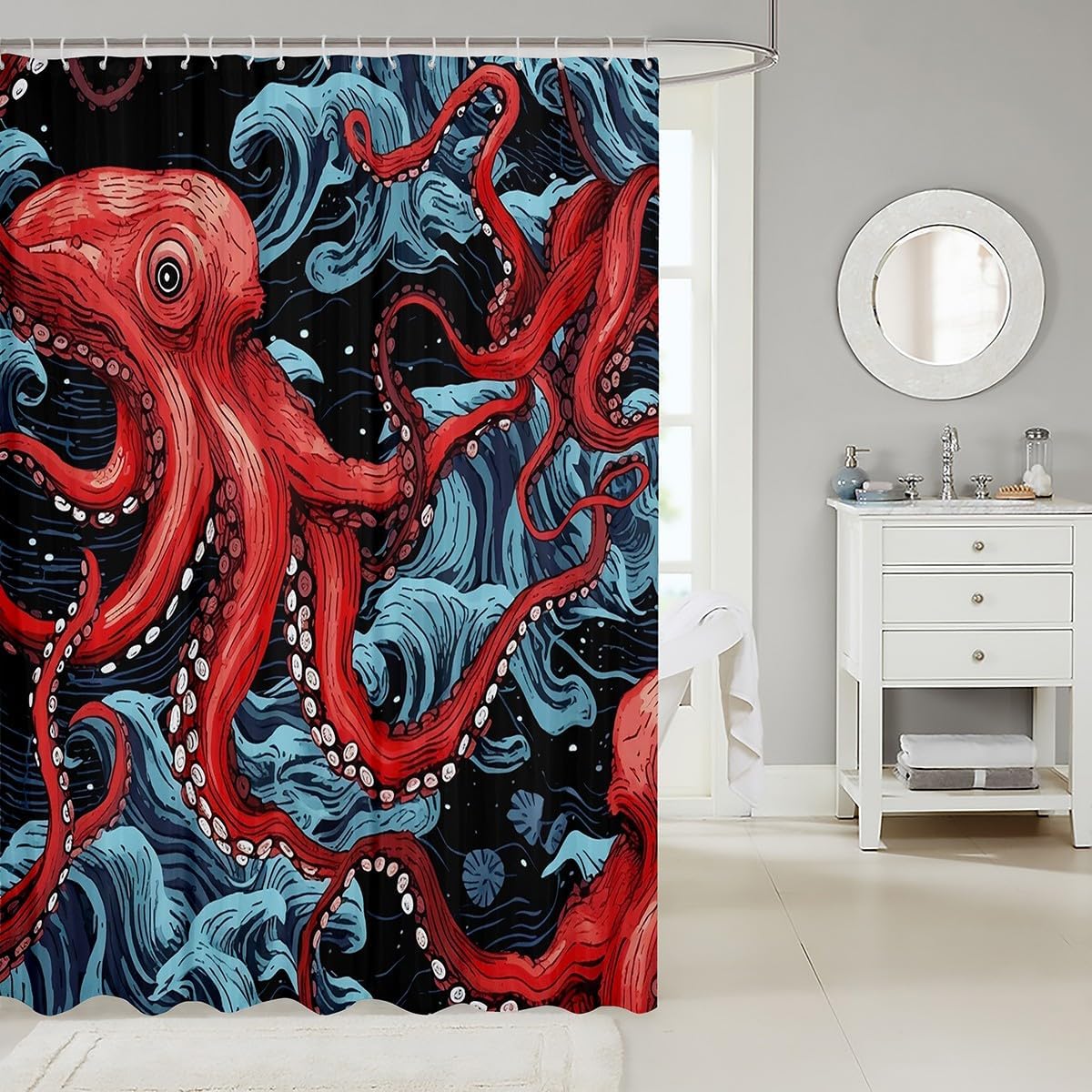 Feelyou Red Octopus Tentacles Bath Curtain Set for Kids 1