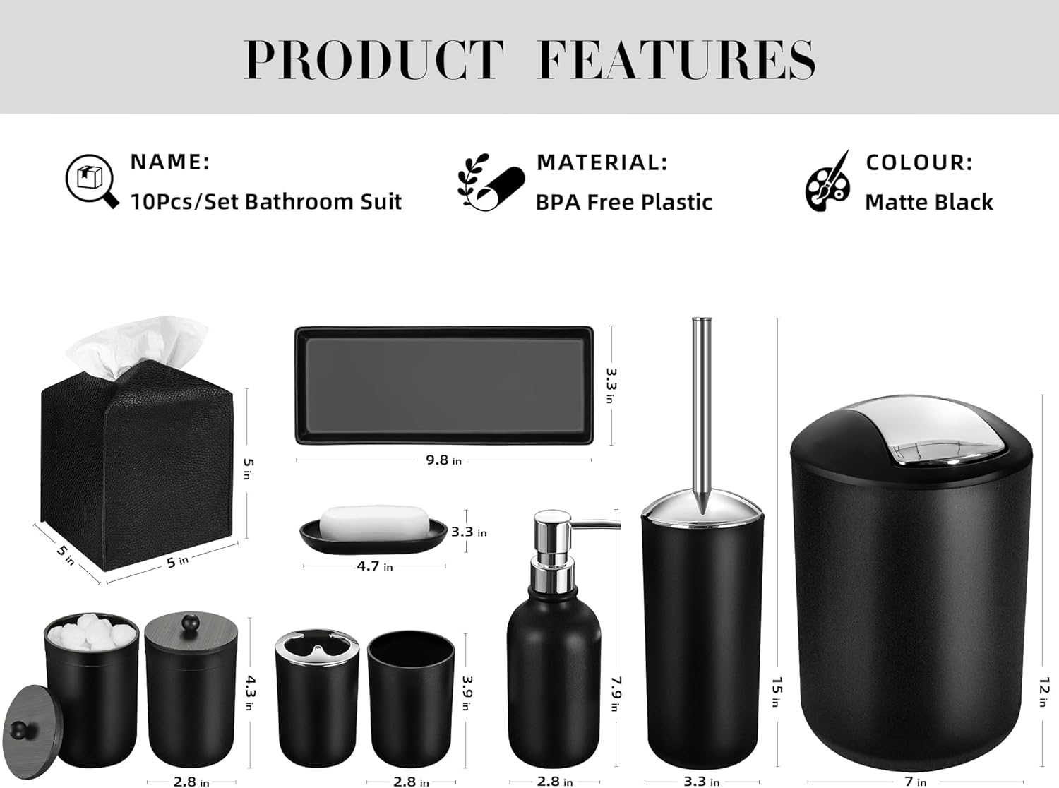 ALPIRIRAL 10Pcs Black Bathroom Accessories Set 1