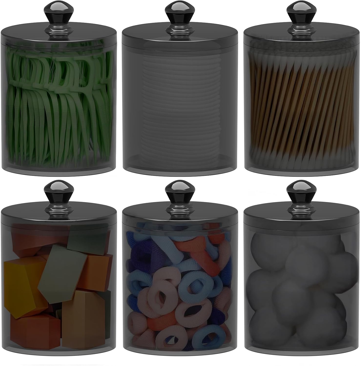 MateeyLife 6 Pack Q-tip Holder Black Acrylic Canister with Lid for Cotton Balls Swabs Pads Home Decor Storage Set