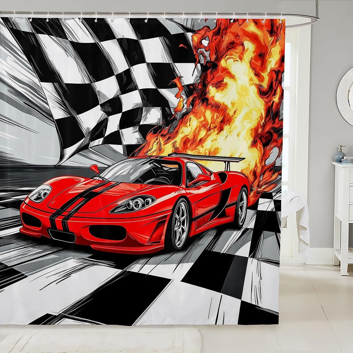 Feelyou Kids Red Race Car Shower Curtain Set 72x72