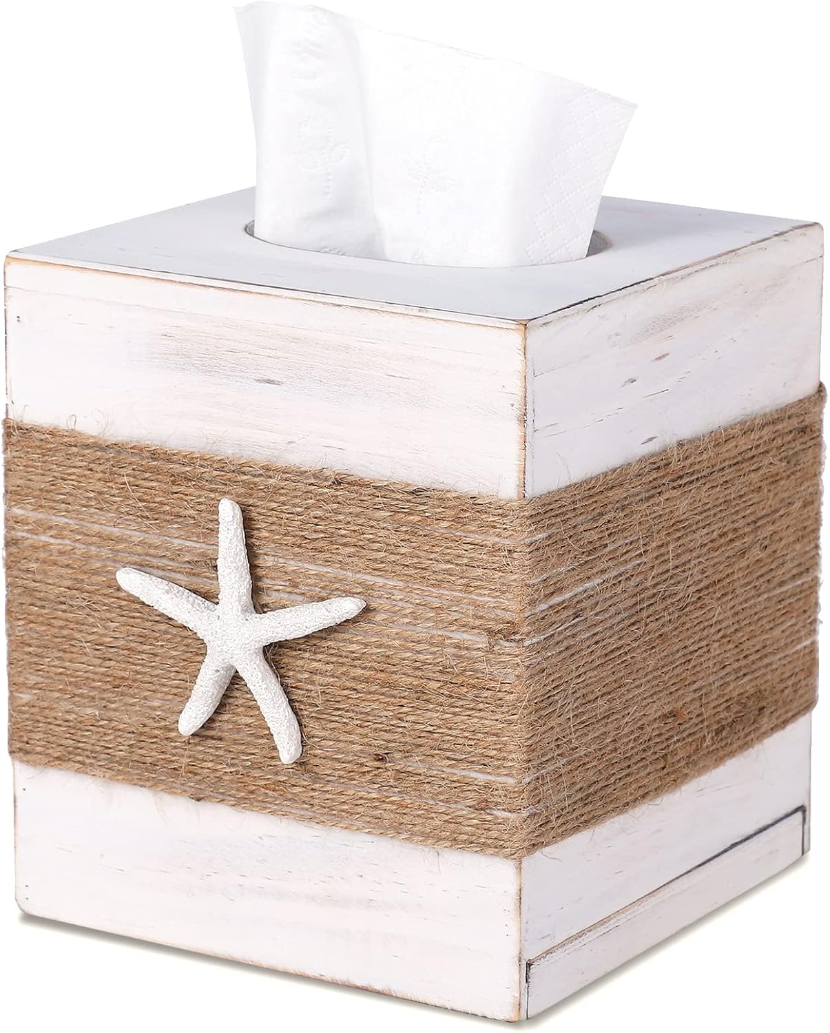 SOMTO Rustic White Wood Tissue Box Cover with Starfish Design