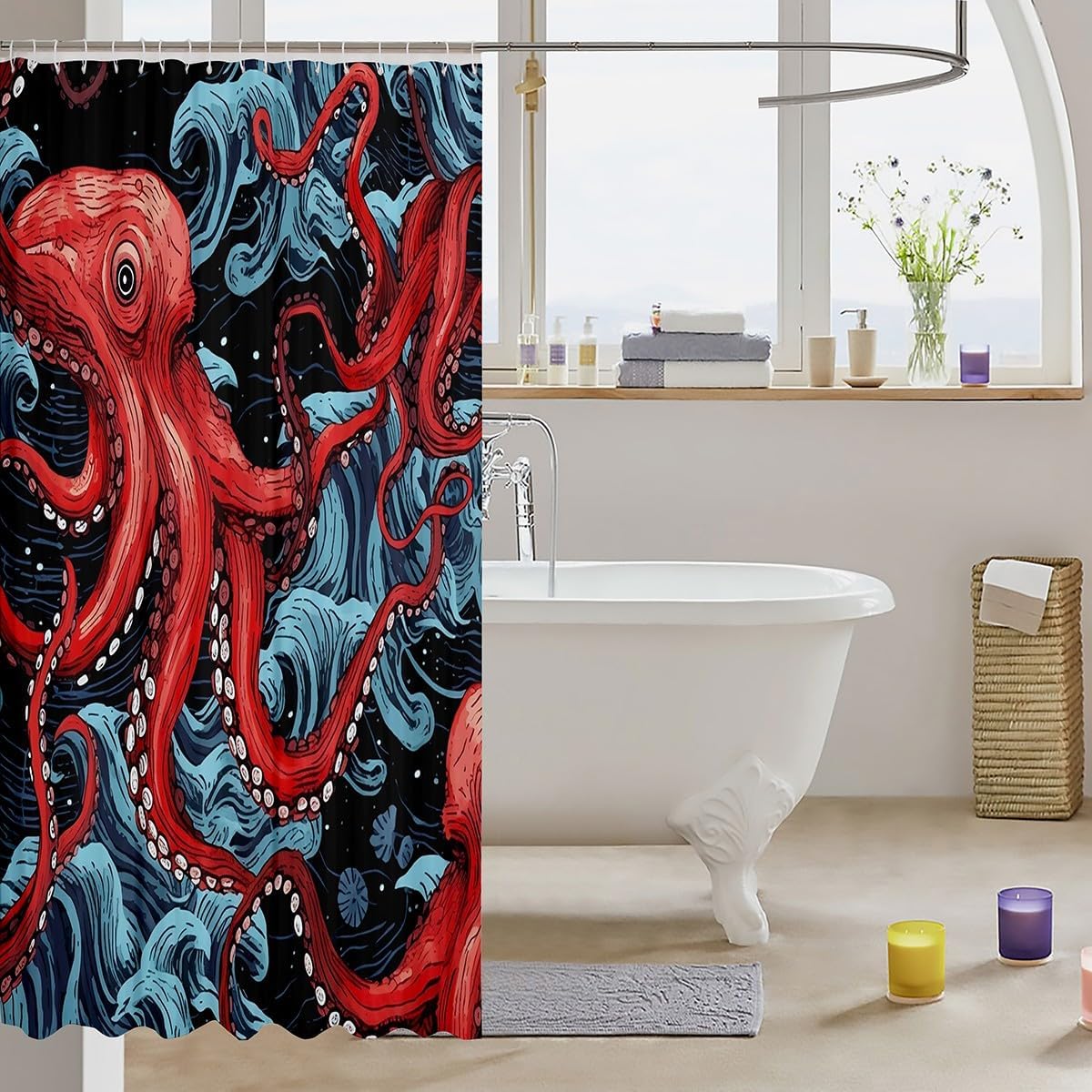 Feelyou Red Octopus Tentacles Bath Curtain Set for Kids 1