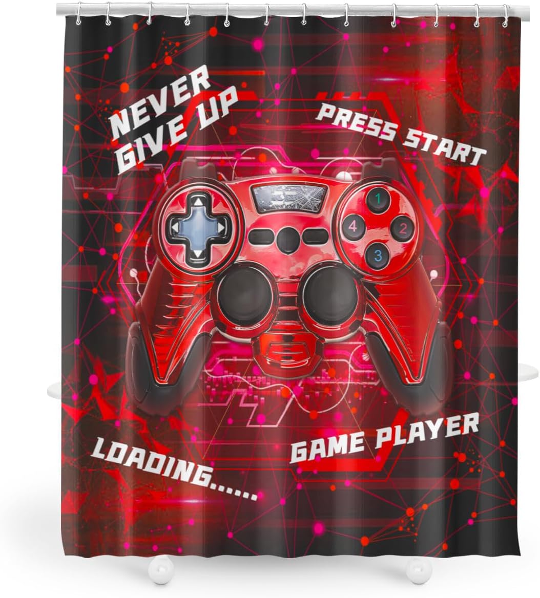 Gaming Shower Curtain for Boys - 60x72 Red Set with 12 Hooks