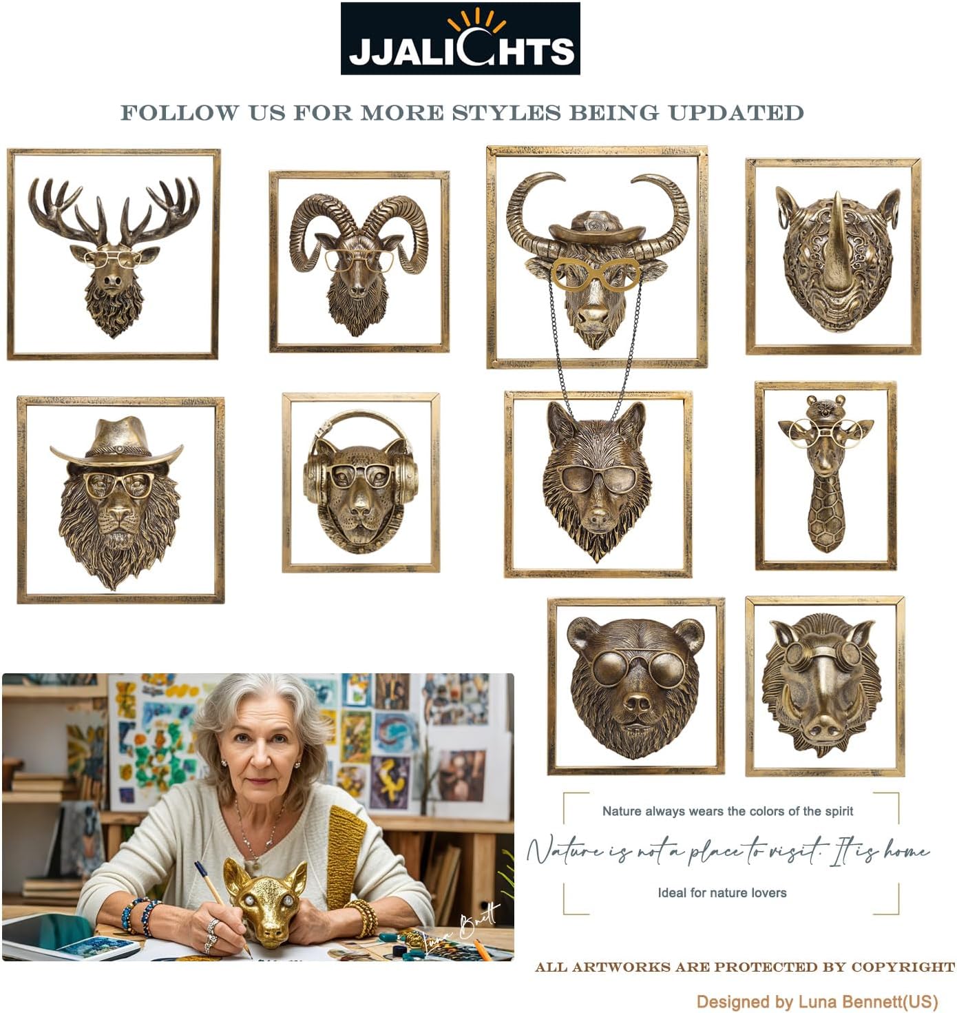 JJALIGHTS 5Pcs Resin Animal Heads Wall Decor with Frame