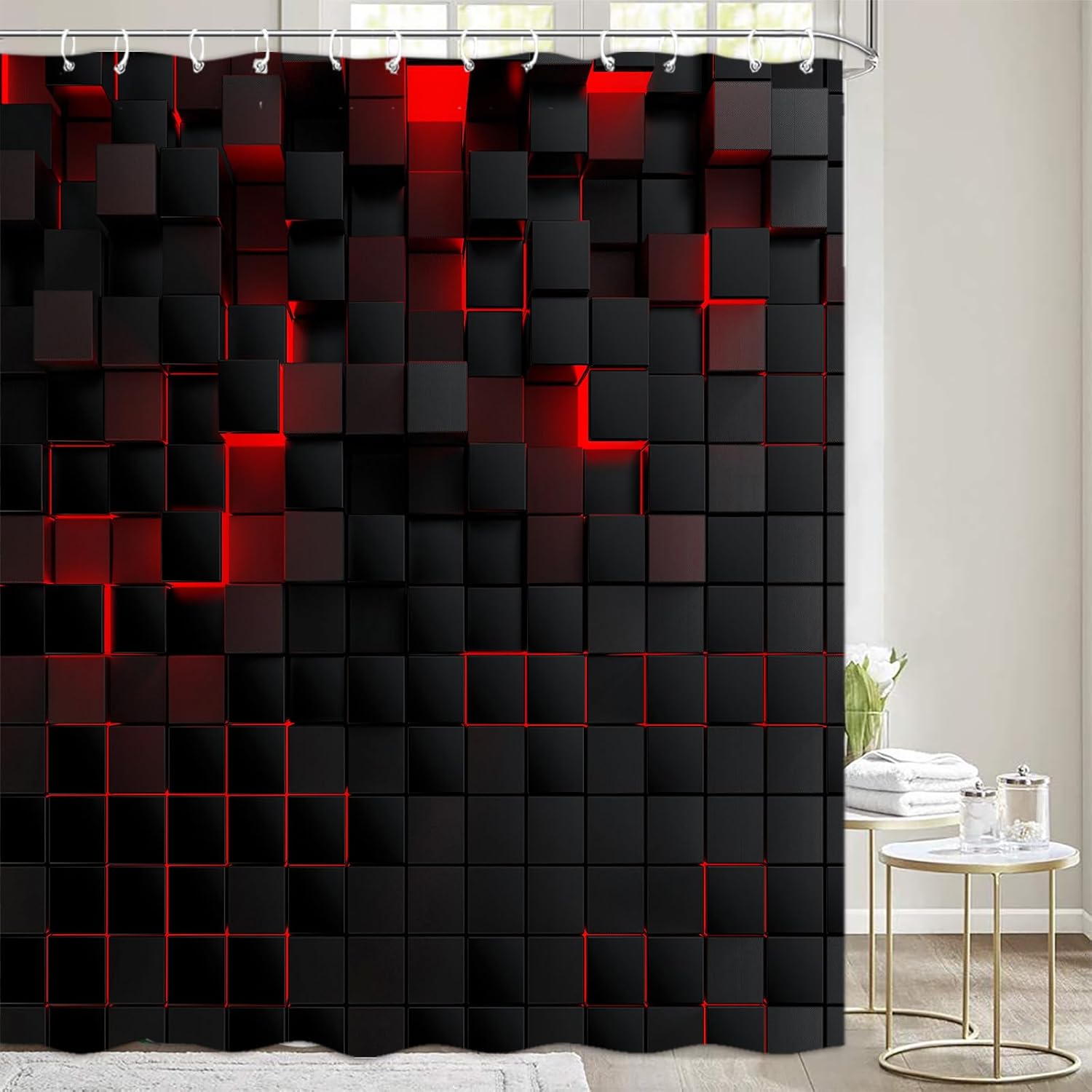 iTapnoom 72x72 Shower Curtain with 12 Hooks 3D Black Brick Design