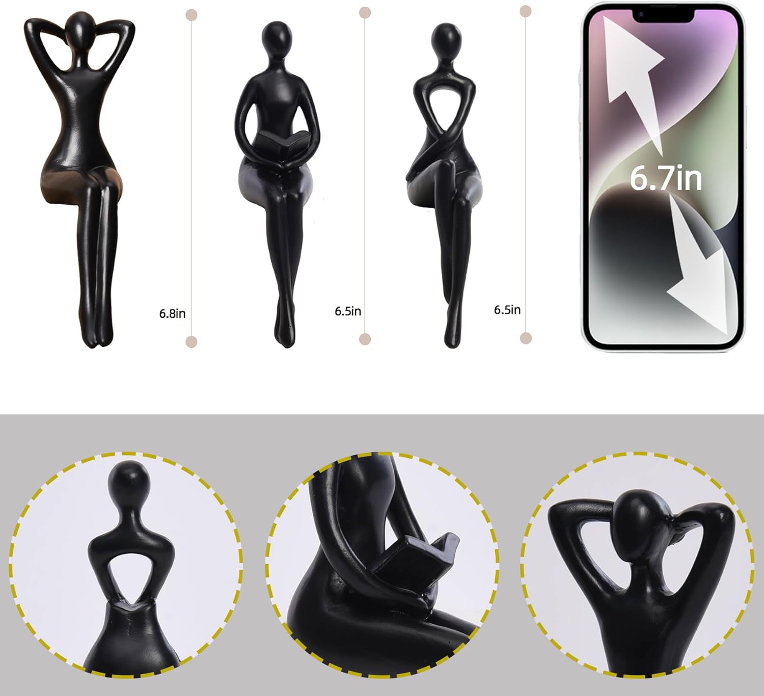Quoowiit Black Thinker Statue Bookshelf Decor Set of 3