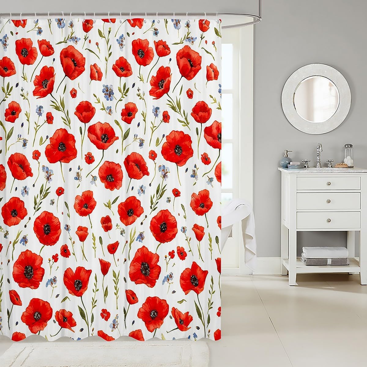 Feelyou Red Poppy Bath Curtain 72x78 Floral Print