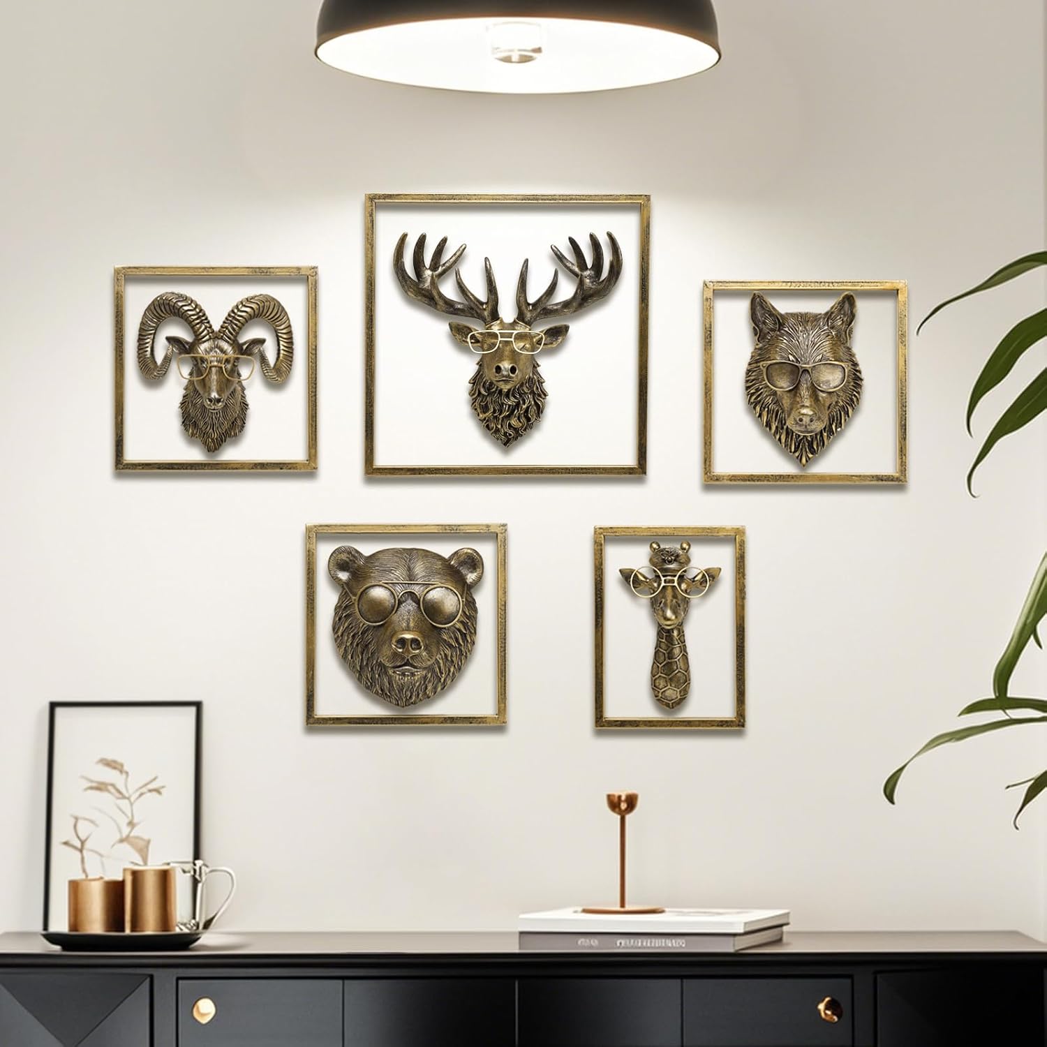 JJALIGHTS 5Pcs Resin Animal Heads Wall Decor with Frame