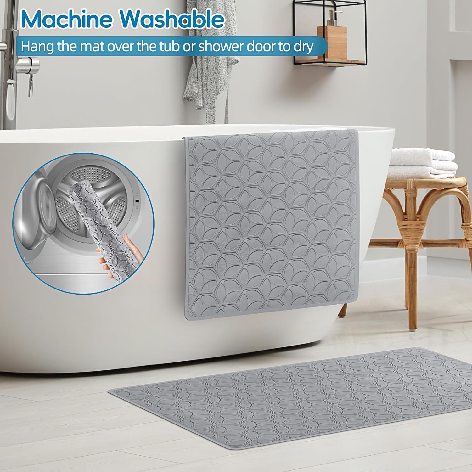 WRISIN Non-Slip Bathtub Mat with Suction Cups - 17x35 Inch Gray